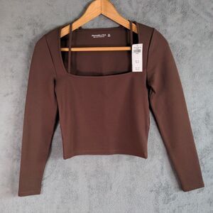 NWT Abercrombie & Fitch Crop Top Soft Collection Sz XS Brown Stretch Long Sleeve